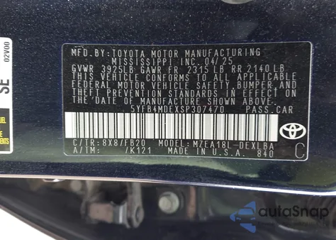 2025 Toyota Corolla Le z USA, uszkodzony, nr VIN 5YFB4MDEXSP307470